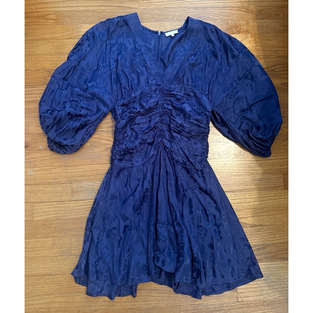 byTiMo Blue Floral Jacquard V-Neck Ruched Puff Long Sleeve Mini Dress Size S